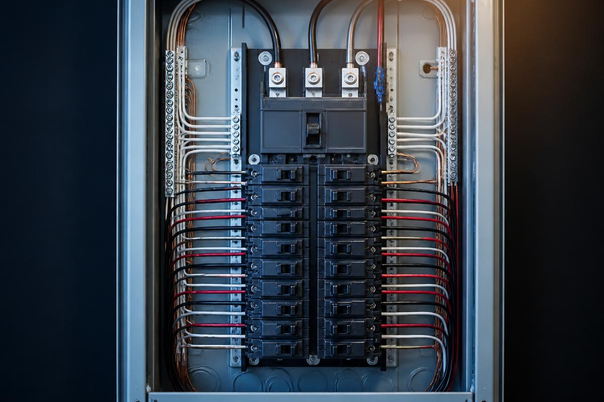 Newly installed residential electrical breaker panel with organized wiring