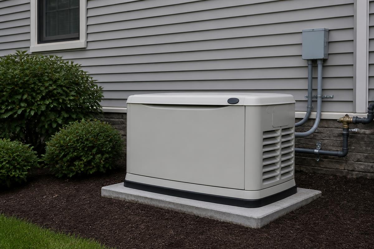 Whole-home standby backup generator installed on a concrete pad beside a house