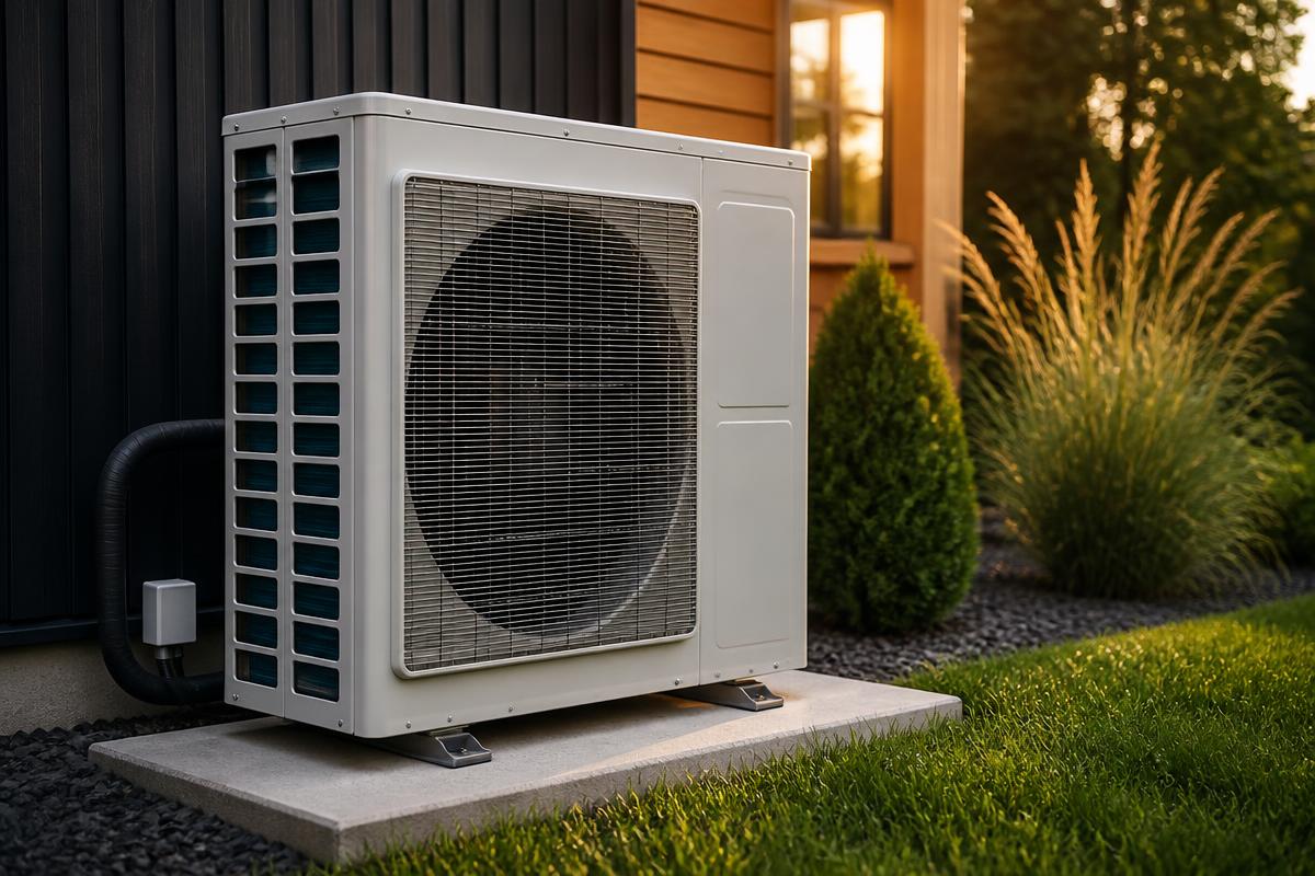 High-efficiency residential heat pump condenser installed beside a home